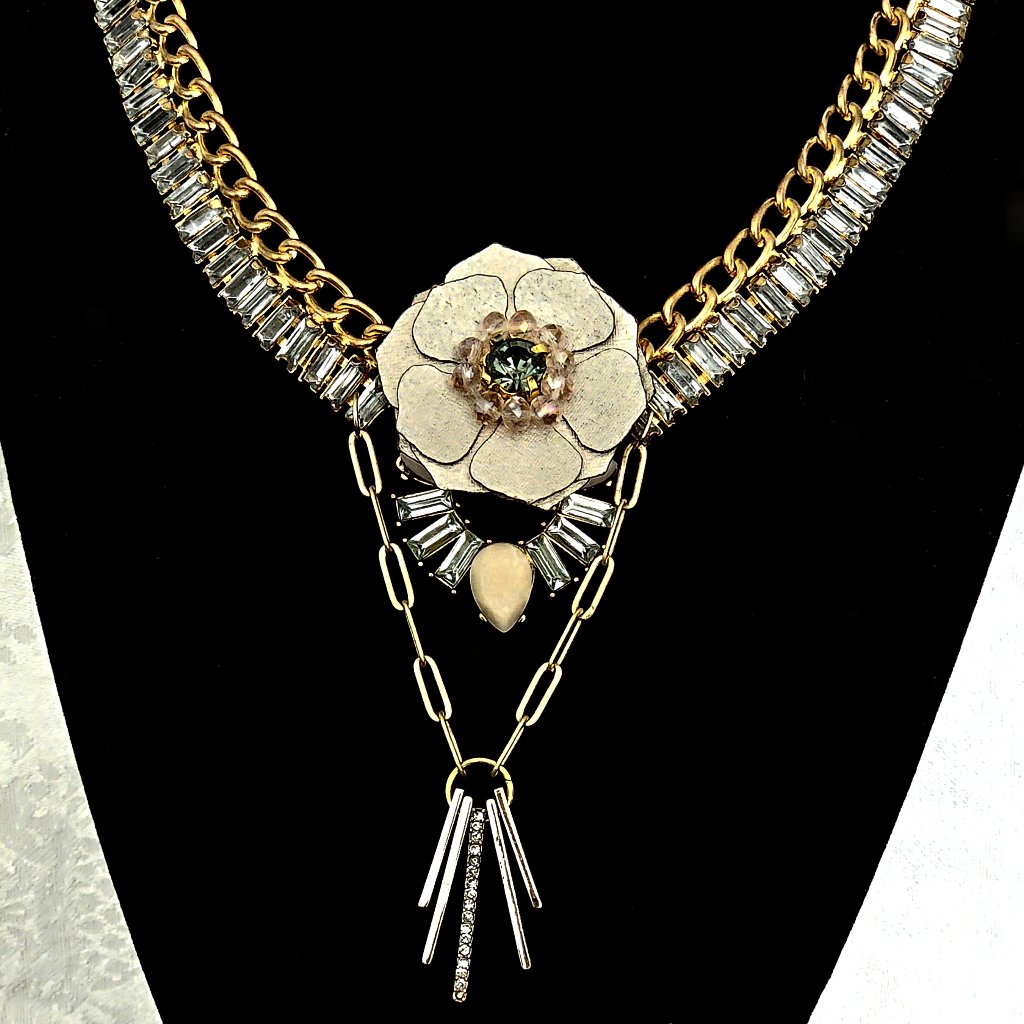 Lmg#593 Metallic & Cream Floral Collar Necklace